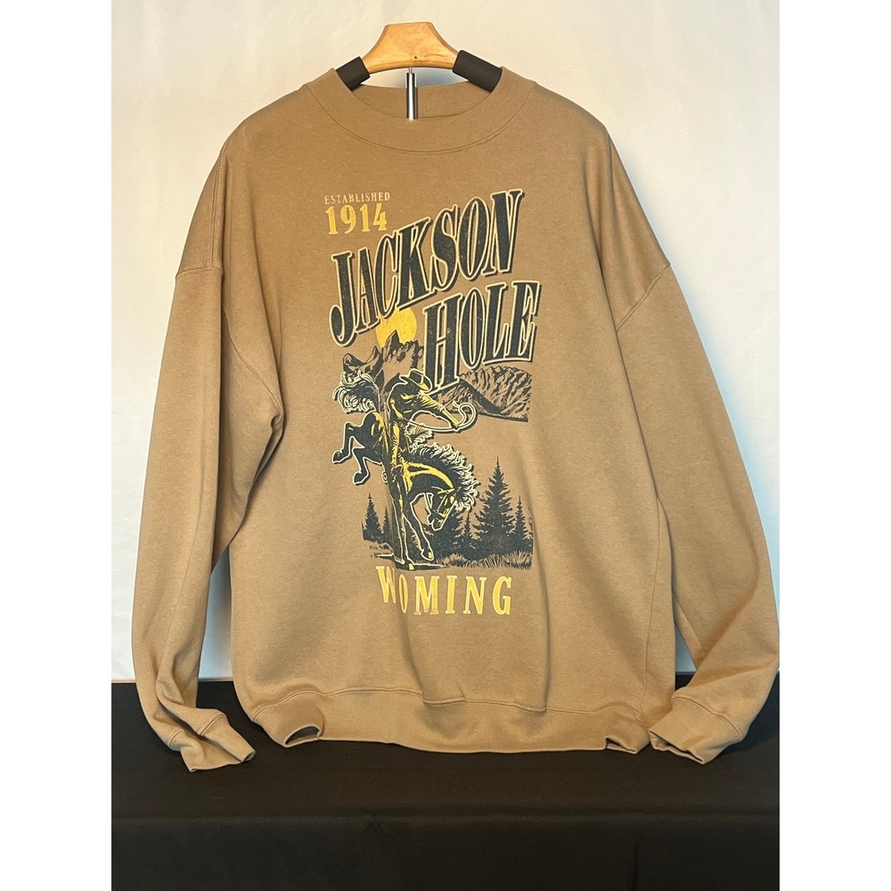 Jackson Hole Wyoming Graphic Sweatshirt Tan Western Bucking Bronco Crewneck XL